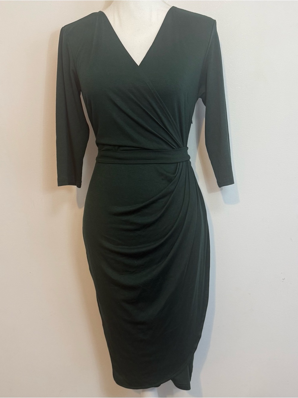 Berydress Green Faux Wrap Ruched Midi Dress Size Small NWT